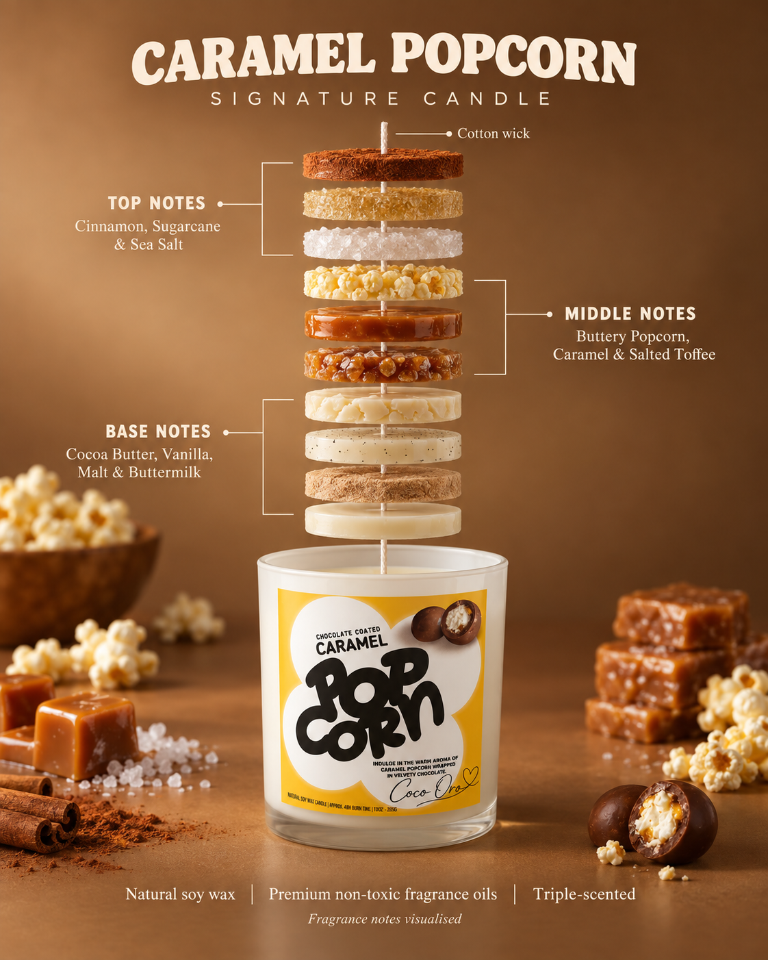 Coco Oro | Chocolate Coated Caramel Popcorn Signature Candle Bundle